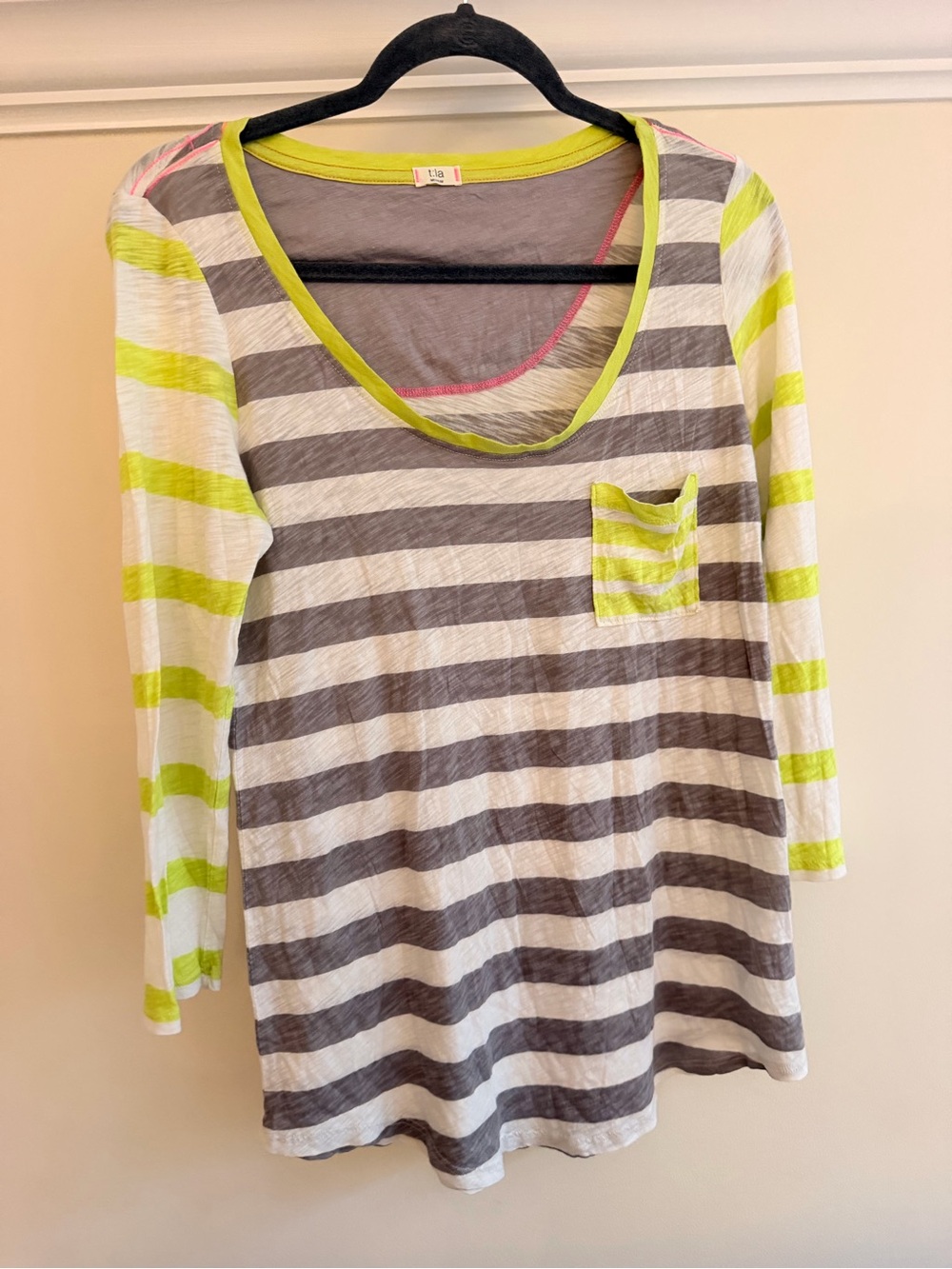 T.La Lime & Gray Striped Scoop Neck Long Sleeve Top